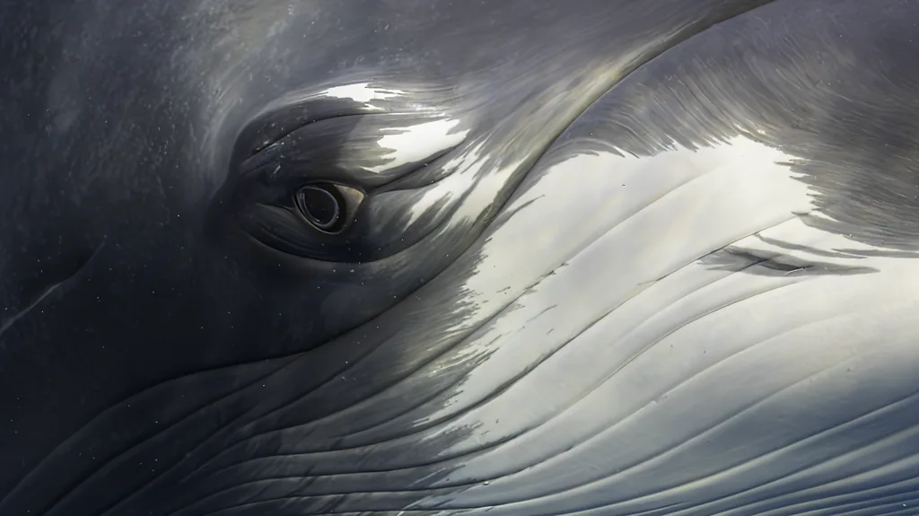A black-and-white photo of a dwarf minke whale, pictured against a black ocean. The whale is slightly tilted, showing its belly and one eye which looks directly to the camera (Credit: Marcia Riederer/ Ocean Photographer of the Year)