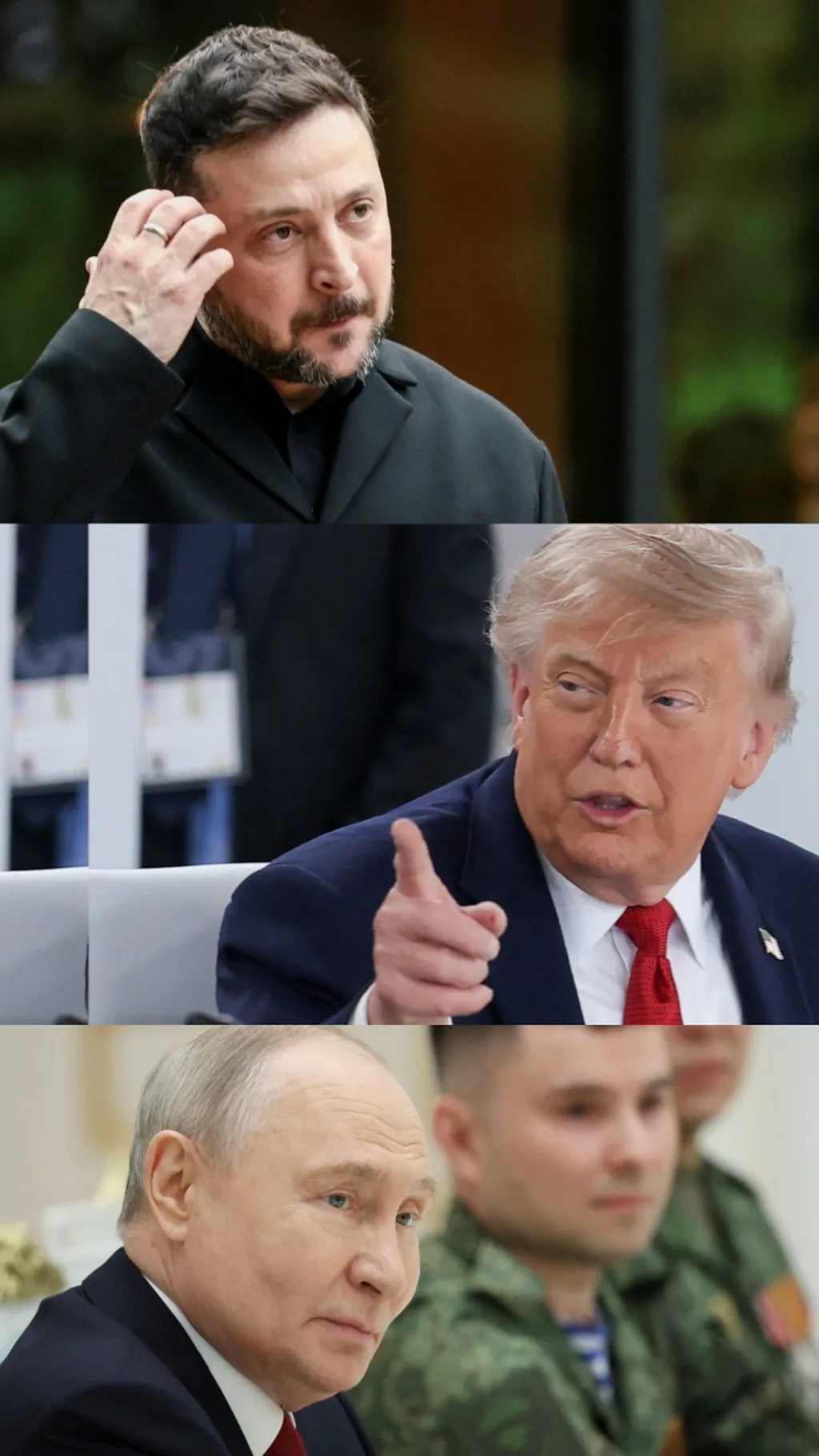 коллаж из фото, на которых изображены Зеленский, Трамп, Путин