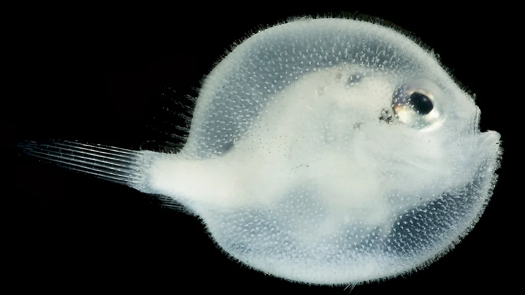 A small orange squid with long, thin legs and one visible eye against a black background (Credit: Dante Fenolio/ Science Photo Library)