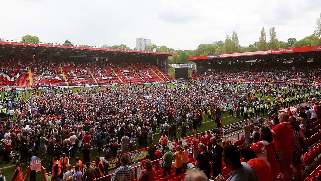 Charlton fans protest on the pitch after the Sky Bet Championship match between Charlton Athletic and Burnley on May 7, 2016
