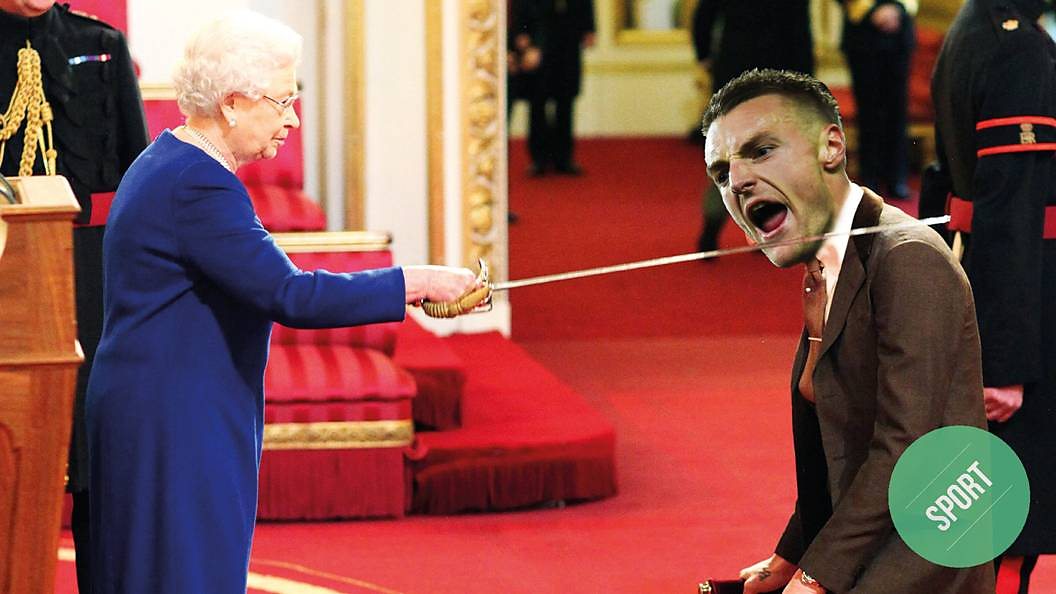 Jamie Vardy being knighted by Queen Elizabeth II