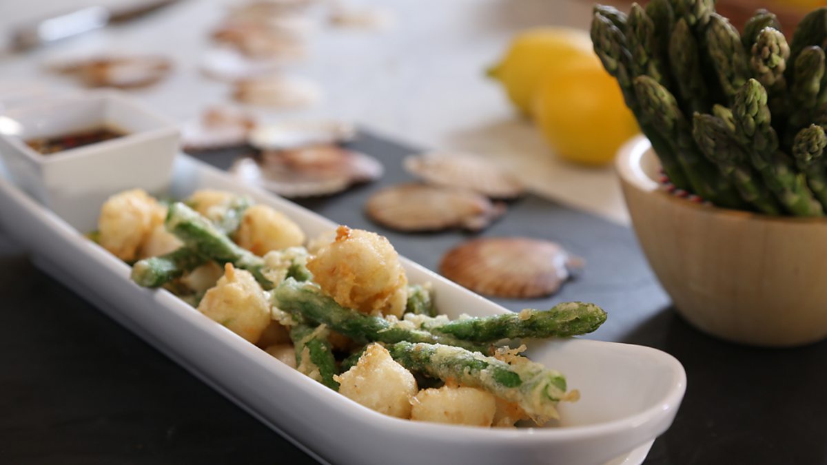 BBC Two Hairy Bikers' Best of British, Series 2, Islands, Tempura scallops and asparagus with