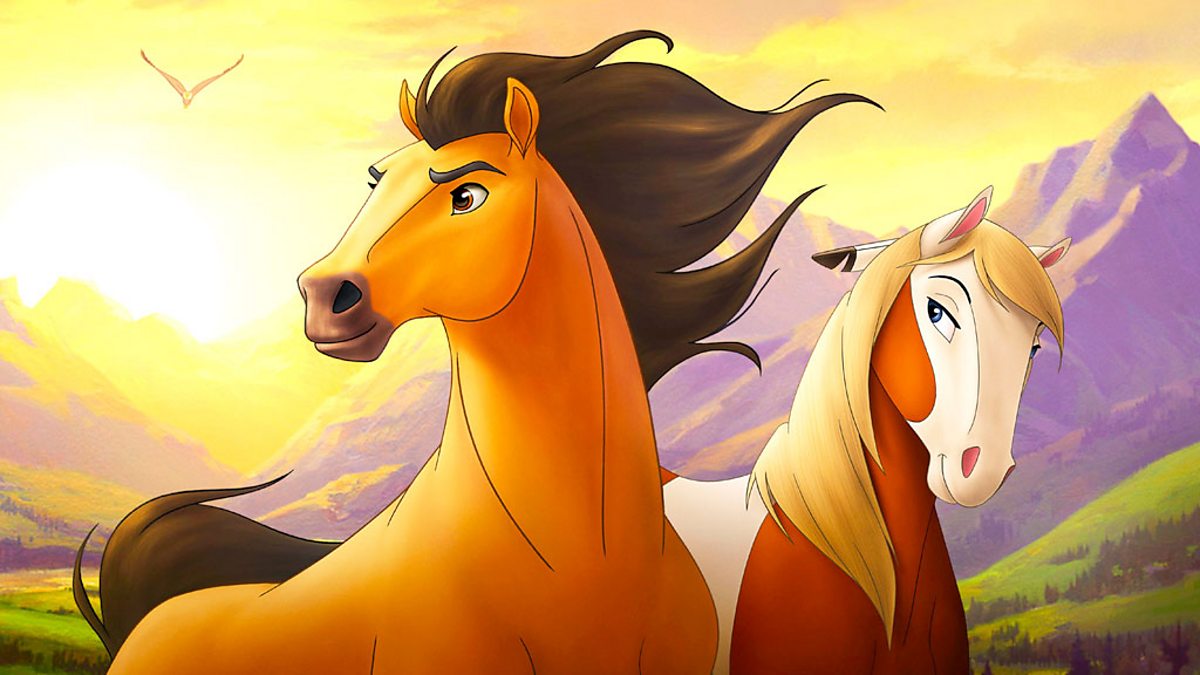 Image from the animated film 'Spirit: Stallion of the Cimarron' (2002). Two horses stand in front of a backdrop of a sunset mountain landscape. The male horse looks into the distance whilst the female horse looks at him.