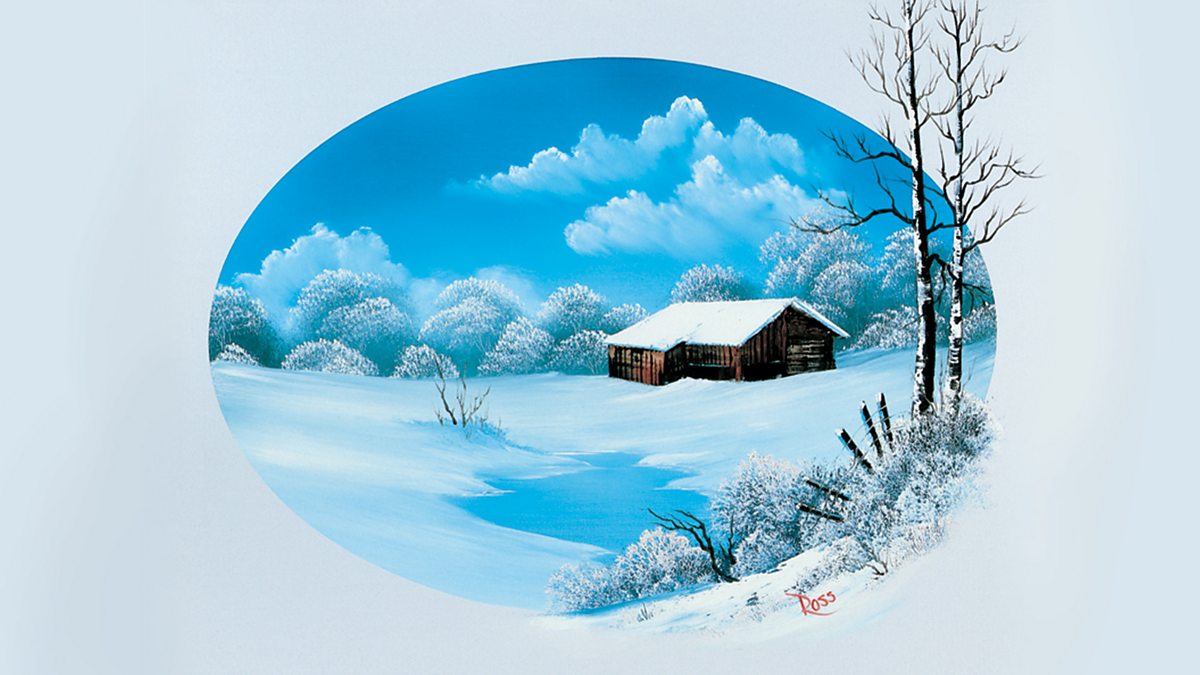 bob ross barn in snow oval