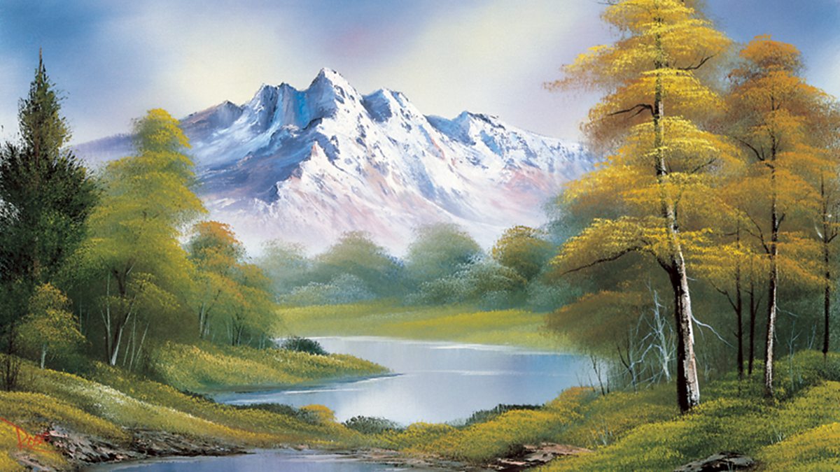 Bob Ross paints a tranquil landscape setting at the base of a towering moun...