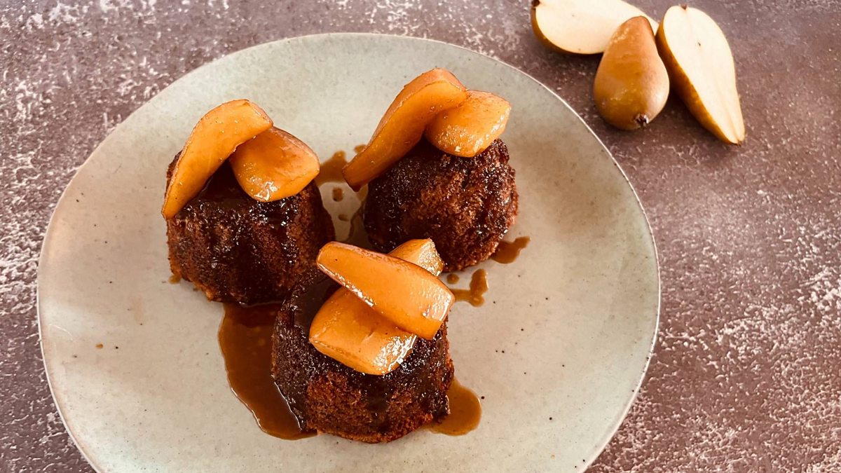 BBC Spiced Date Puddings with Pears in Cider Caramel Sauce