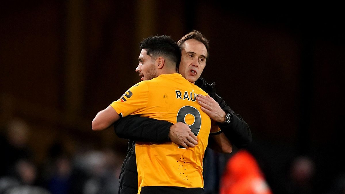  Julen Lopetegui celebrates a goal with Raul Jimenez during his time as manager of Wolverhampton Wanderers.