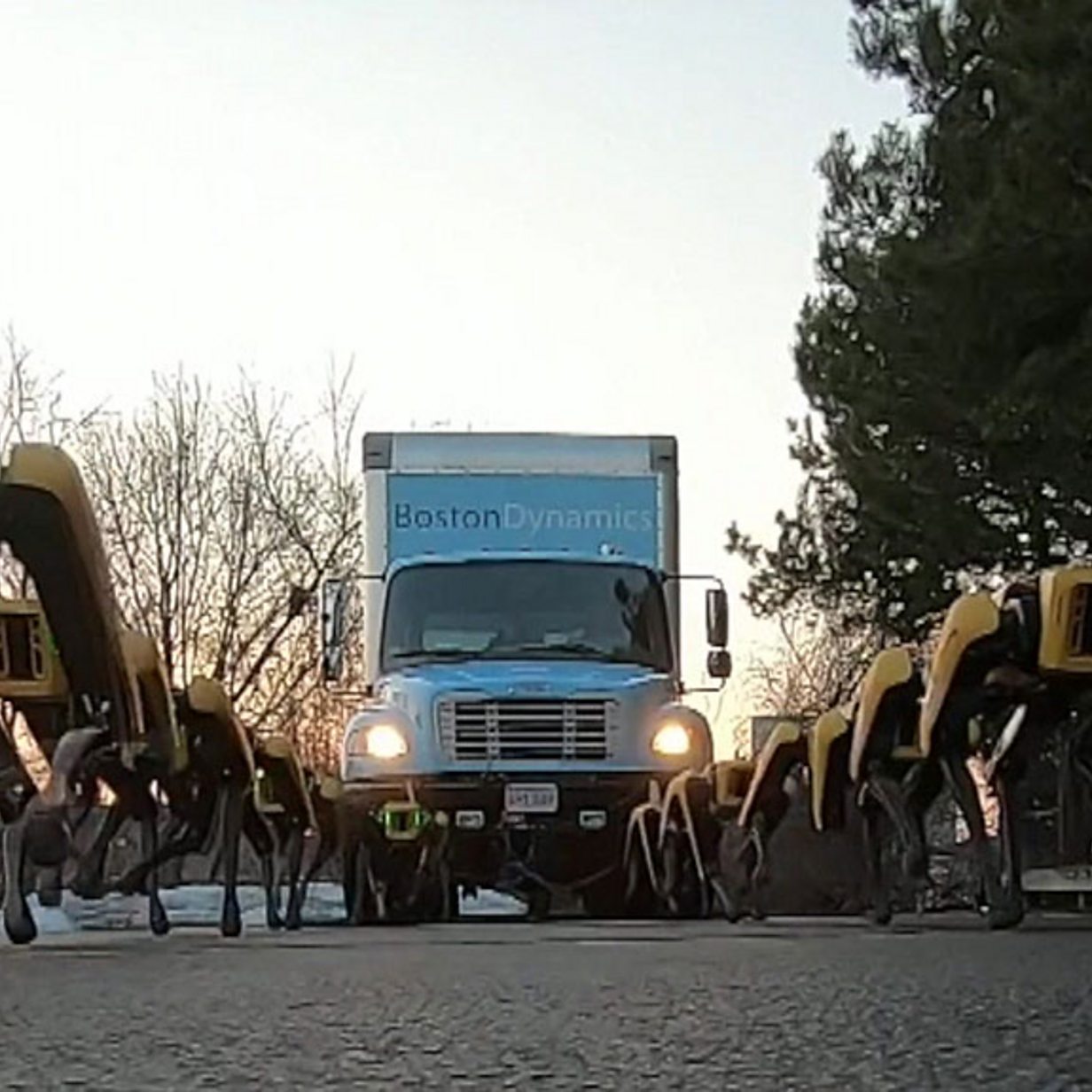 Robot dogs pulling a sales truck