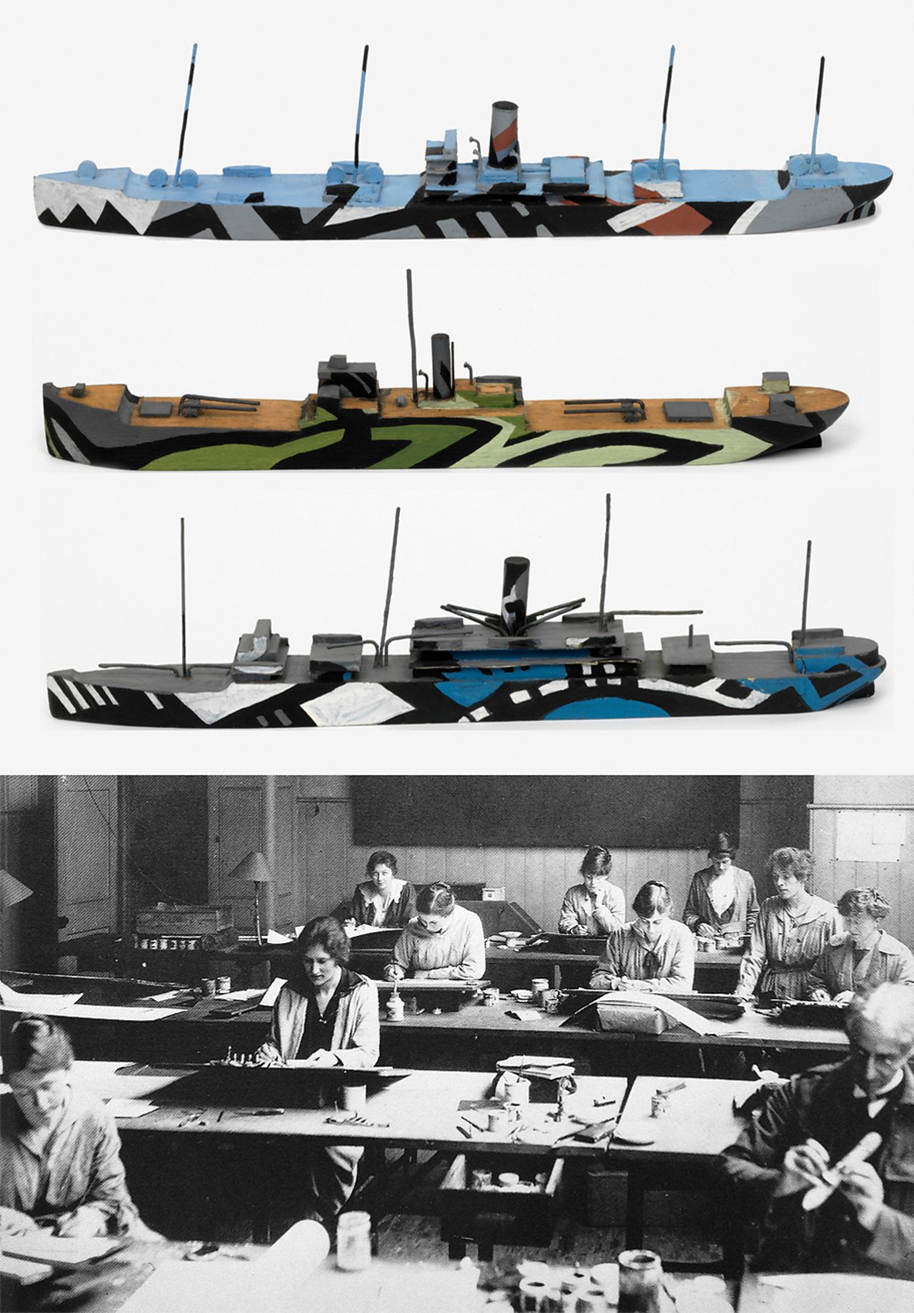 Top: Original WW1 ship models painted to test dazzle camouflage schemes. Bottom: Dazzle Section at work in Burlington House in 1917.