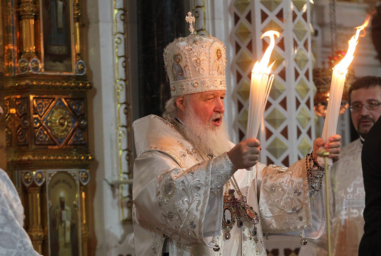 Russian Orthodox Patriarch Kirill I leading prayers in Moscow during the Easter Midnight Mass in 2013