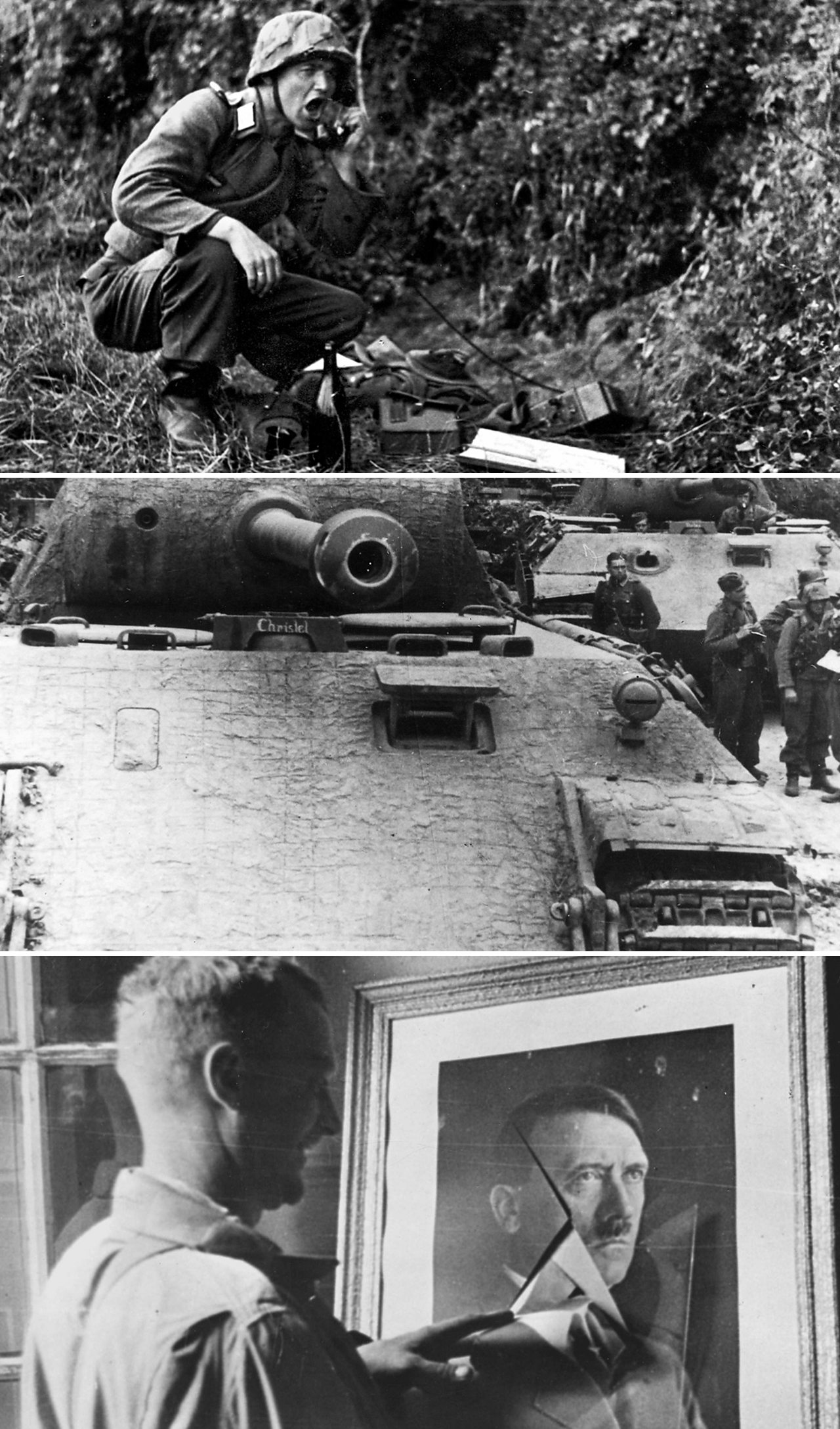 From top: German radio operator during D-Day; tank in Normandy; US GI, Sainte Mere Eglise standing beside a broken image of Adolf Hitler