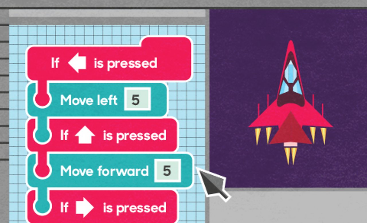 An illustration of a monitor with a computer game showing a rocket shape sprite.