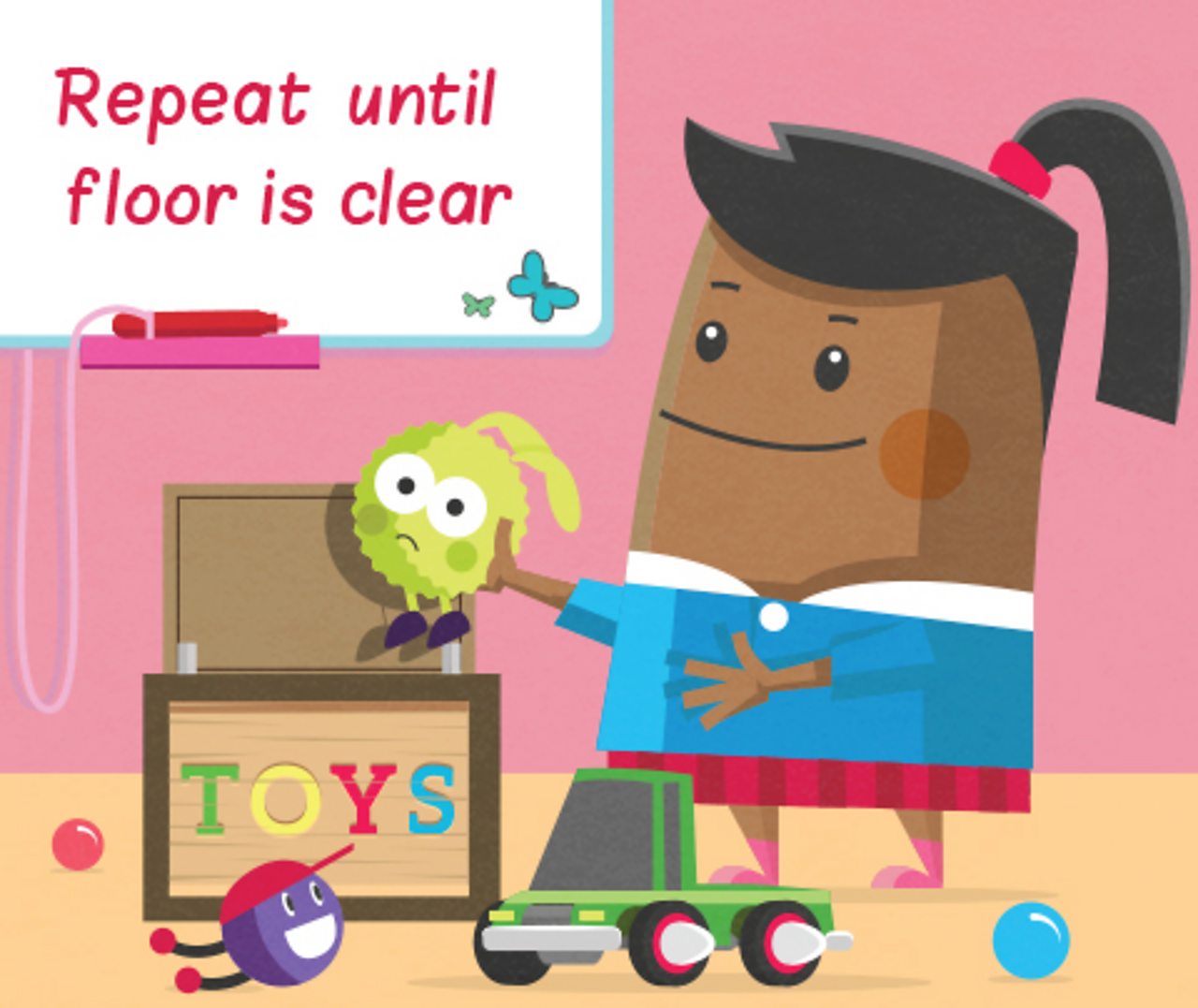 An illustration of a girl putting toys in a toy box.