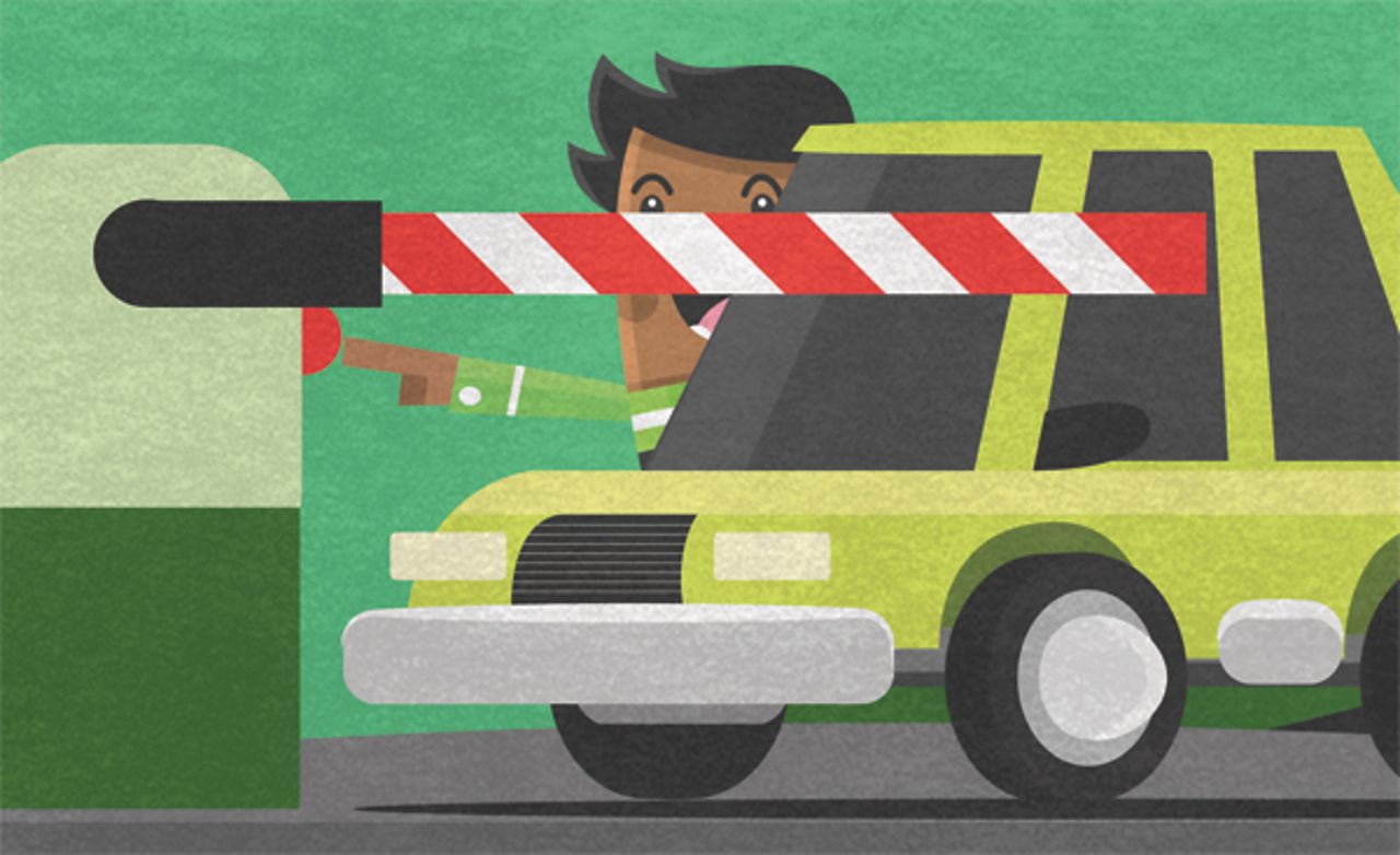 An illustration of a car leaving a car park.