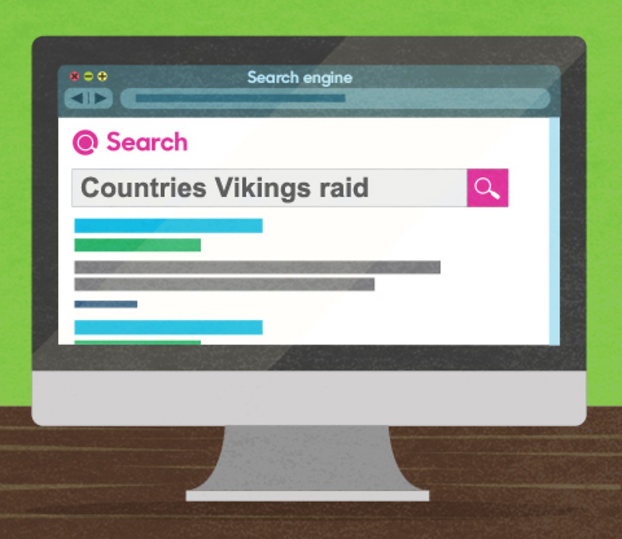 An illustration of a search engine with the key words 'countries', 'vikings' and 'raid'