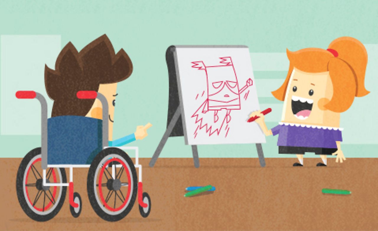 An illustration of a boy and girl drawing a superhero.