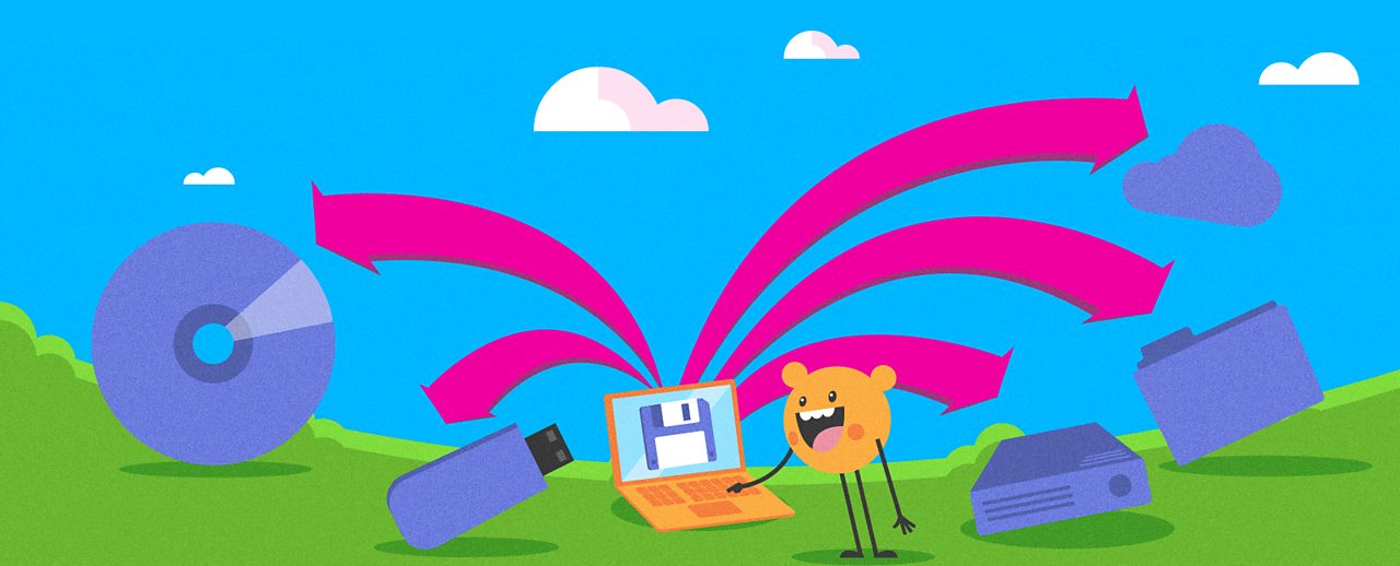 A cartoon character using a laptop, surrounded by illustrations of storage devices