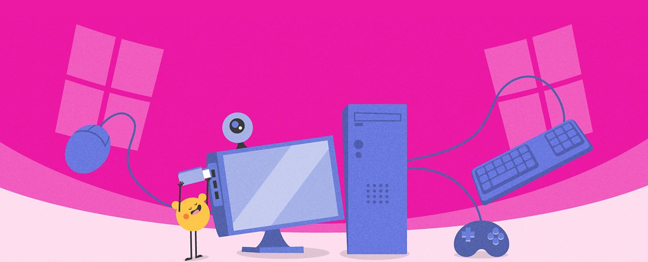 Cartoon character putting a USB stick into a computer