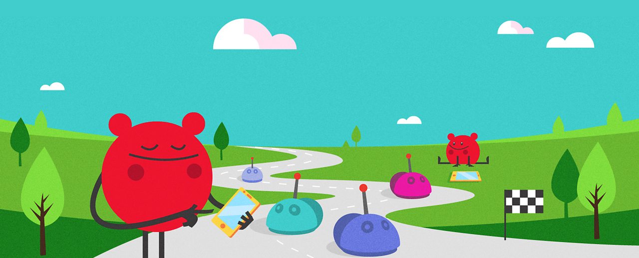 A red cartoon character controlling robot cars travelling down a stretch of road