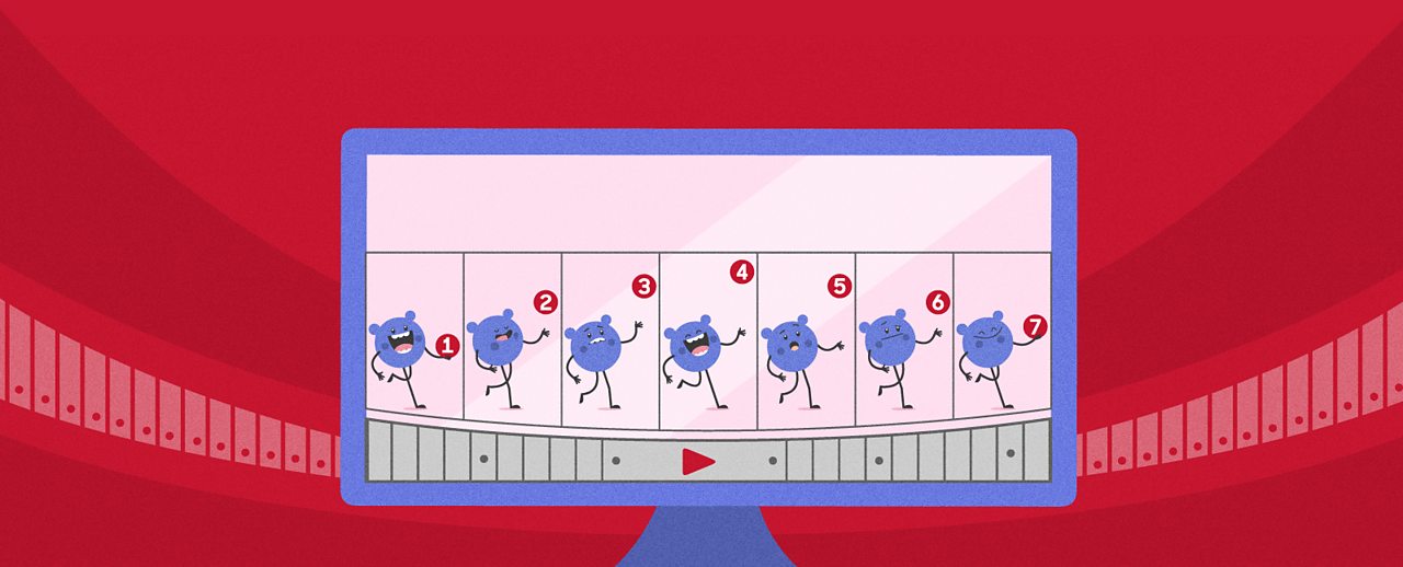 A computer screen filled with stop motion shots of a cartoon character moving