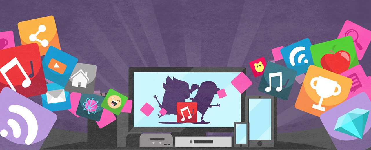 App icons surrounding a tablet, mobile and television.