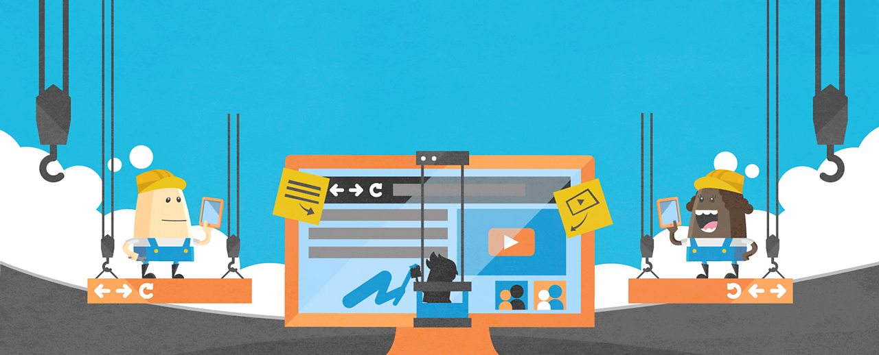 A group of cartoon characters physically building a website together