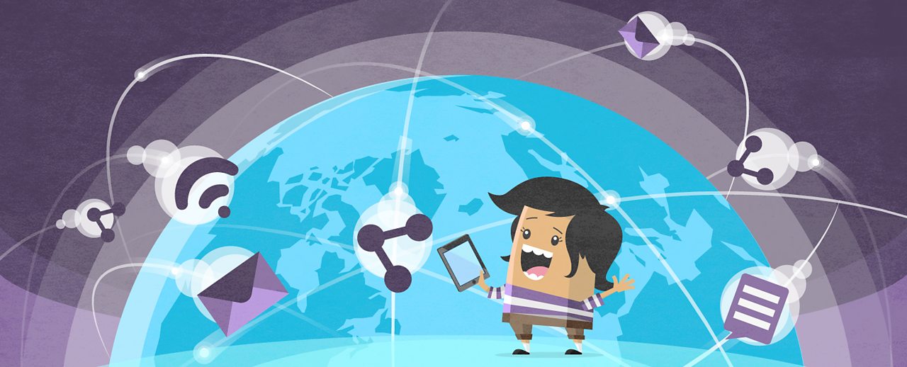 A boy stood in front of the Earth with lots of web icons floating in orbit.