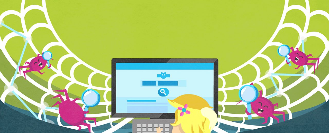 A girl browsing the web while surrounded by spiders