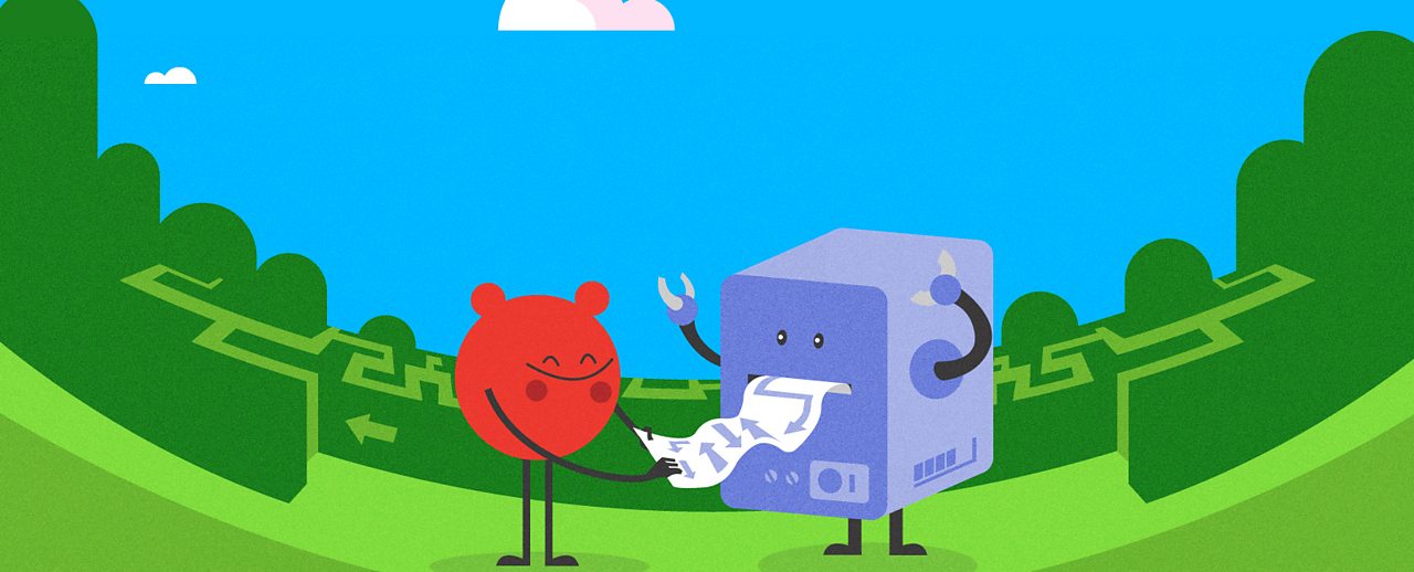 A cartoon character pulling out a piece of paper from a robotic machine