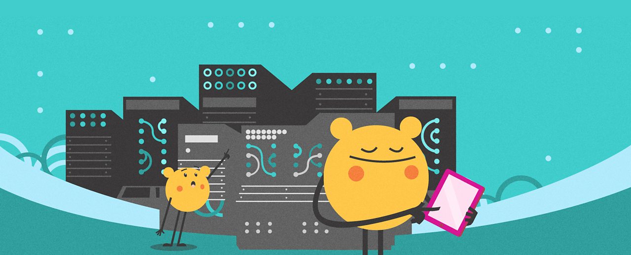 Cartoon characters stood behind computer hardware