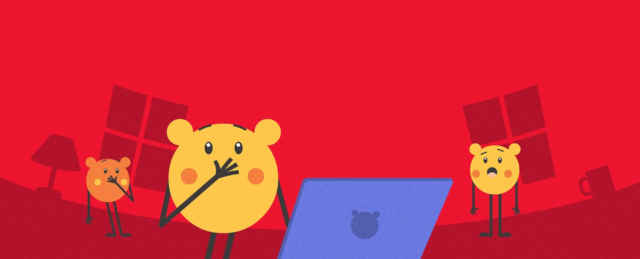 A cartoon character looking shocked at something they have seen on their laptop