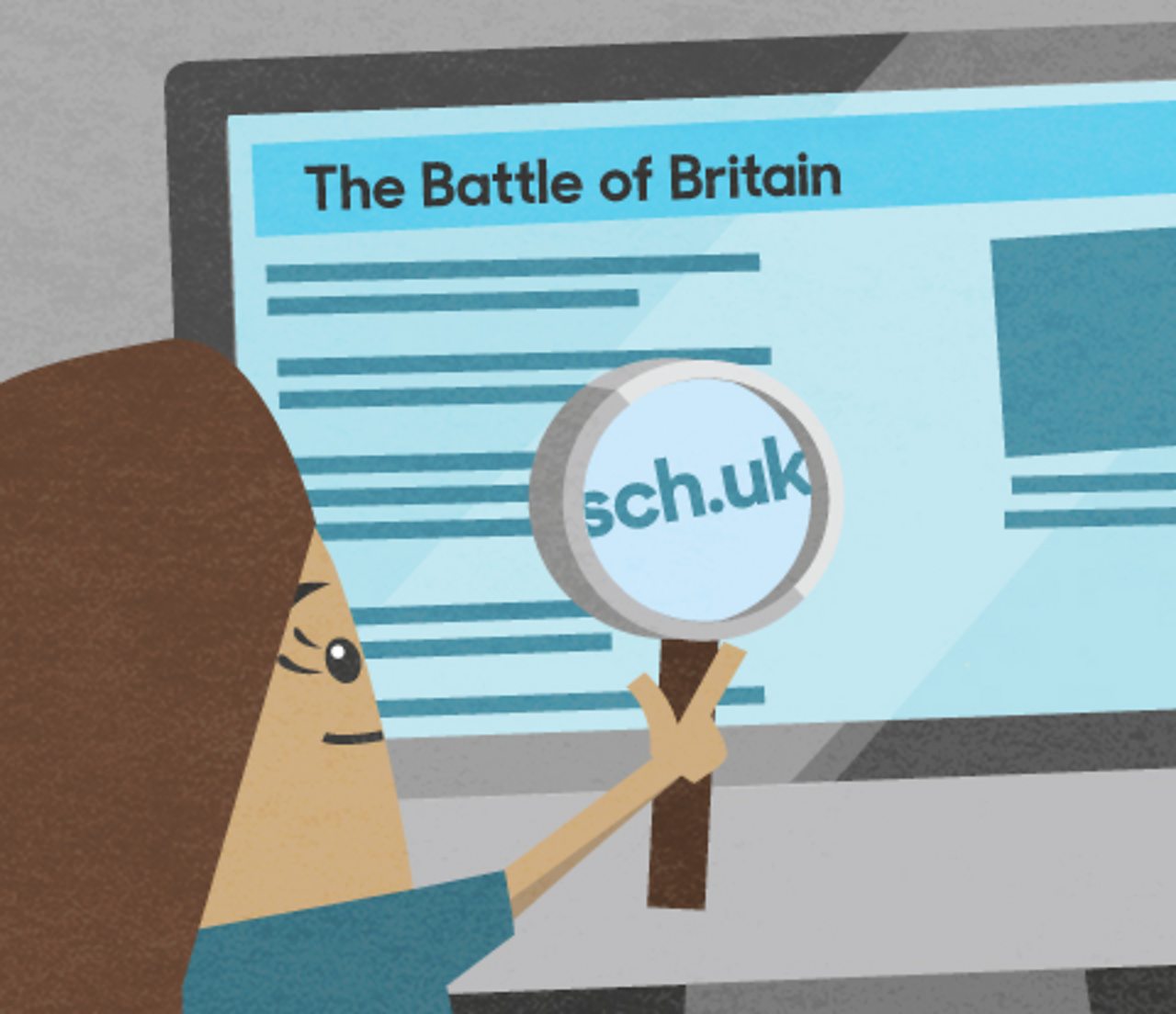 A girl looking at a webpage through a magnifying glass.