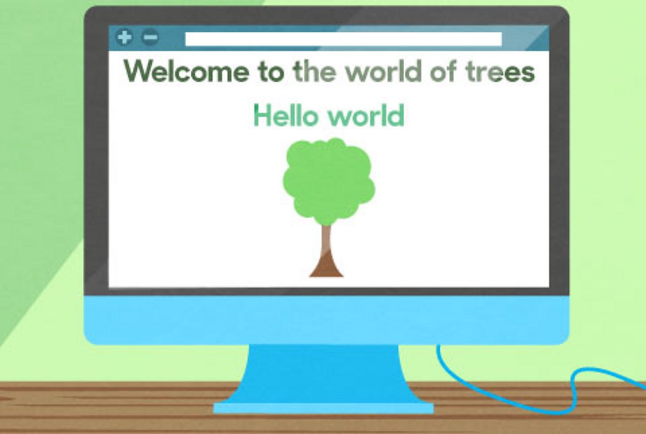 Computer screen showing a hello world screen, with a tree on it.