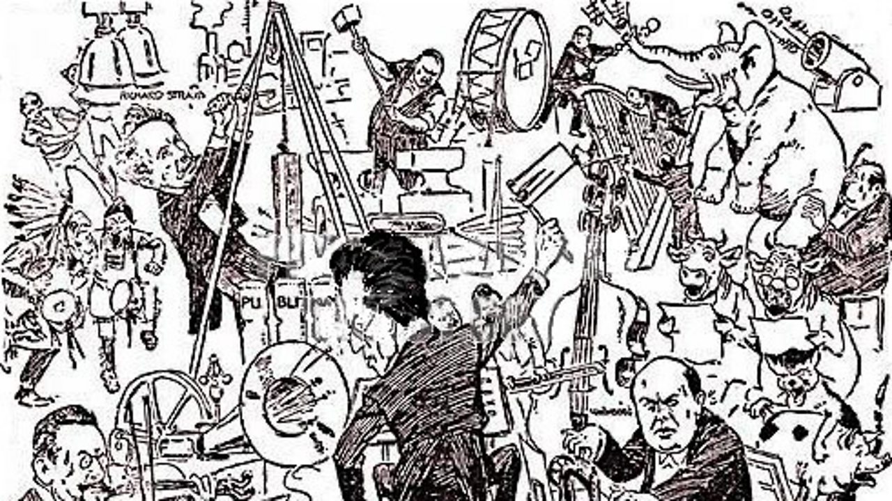 1907 caricature by Theo Zasche showing Mahler conducting a modern orchestra. The pictures shows animals alongside famous composers including Schoenberg and Richard Strauss.
