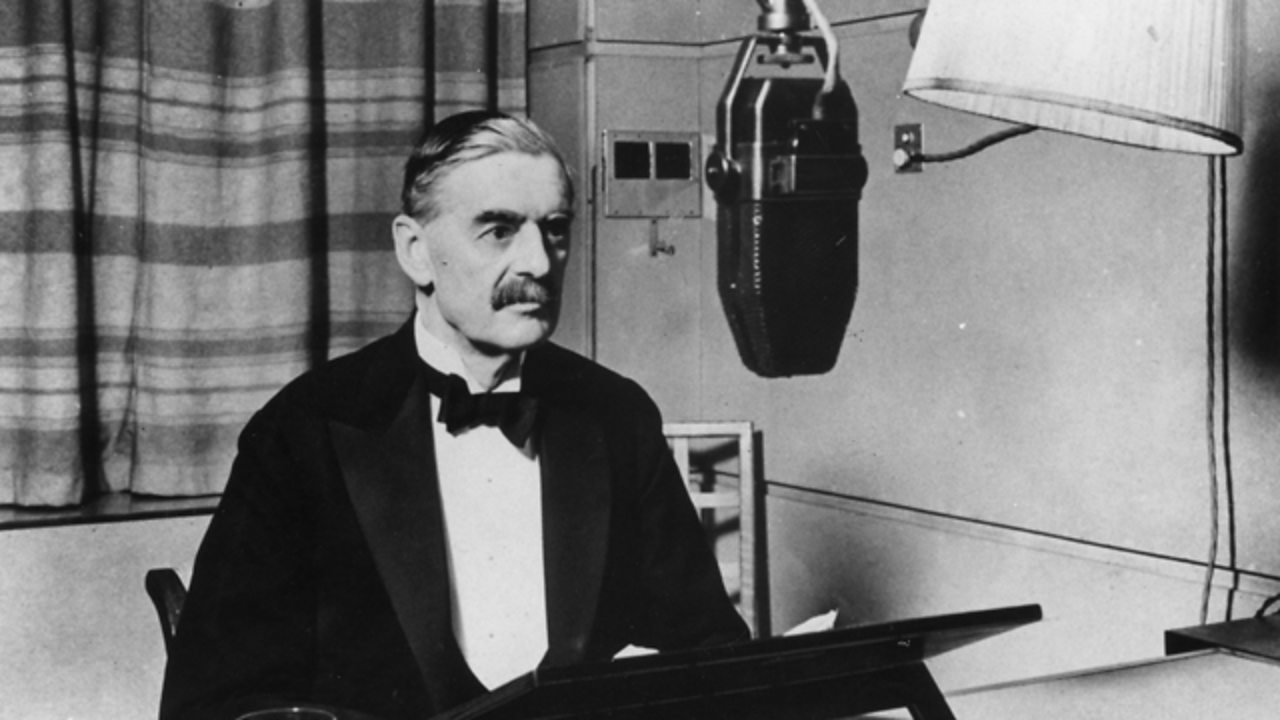 British Prime Minister Neville Chamberlain in a BBC studio, announcing the declaration of war.