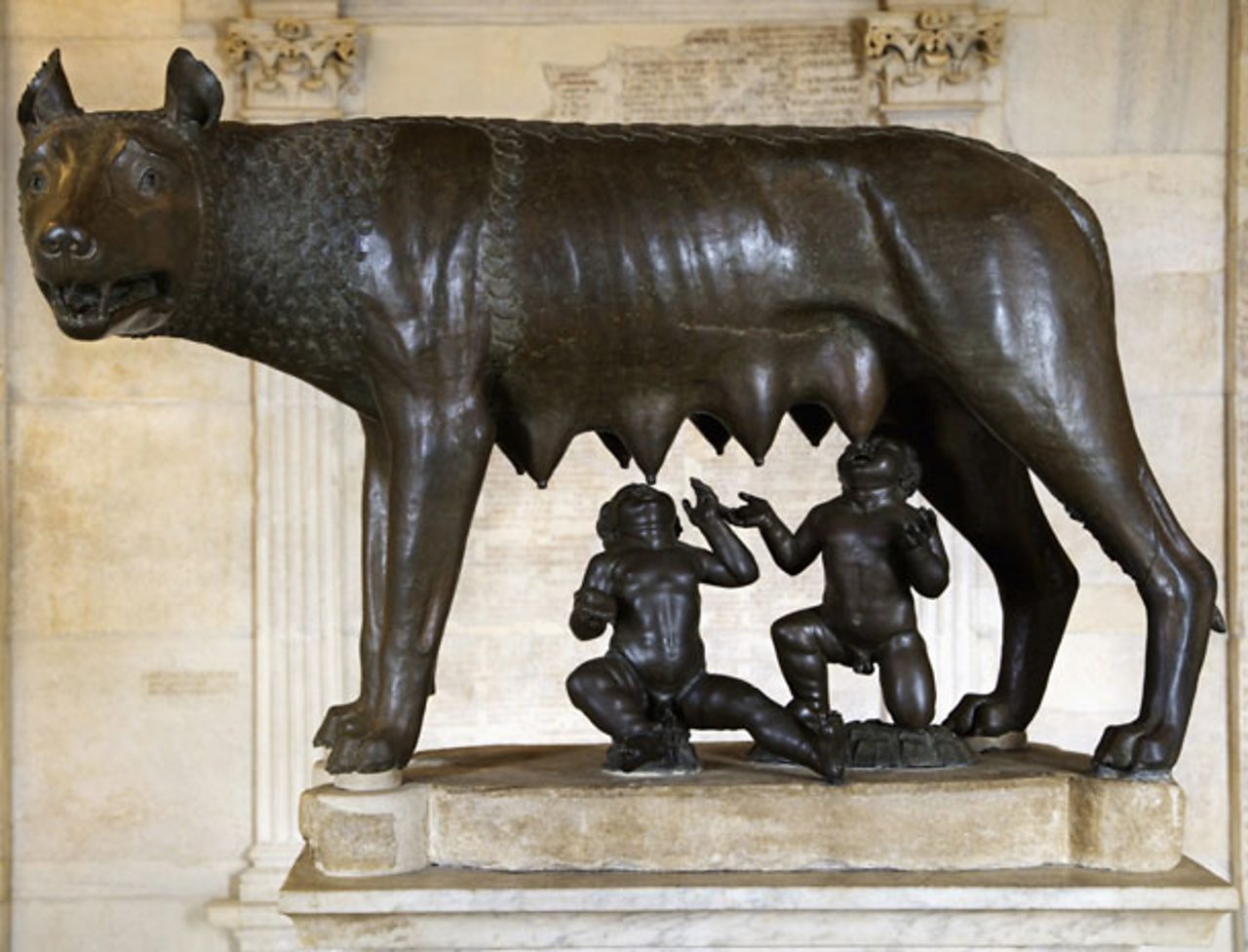 A bronze sculpture of the wolf that rescued Romulus and Remus.