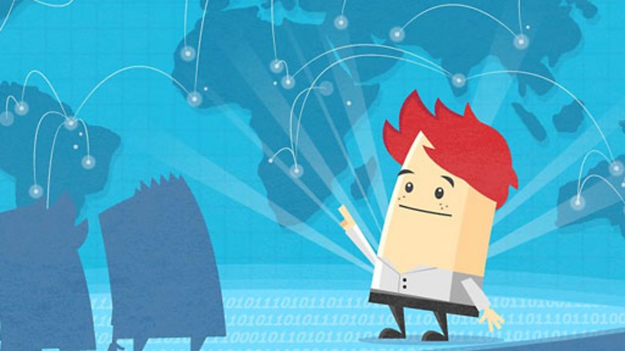 An illustrated character standing in front of a map