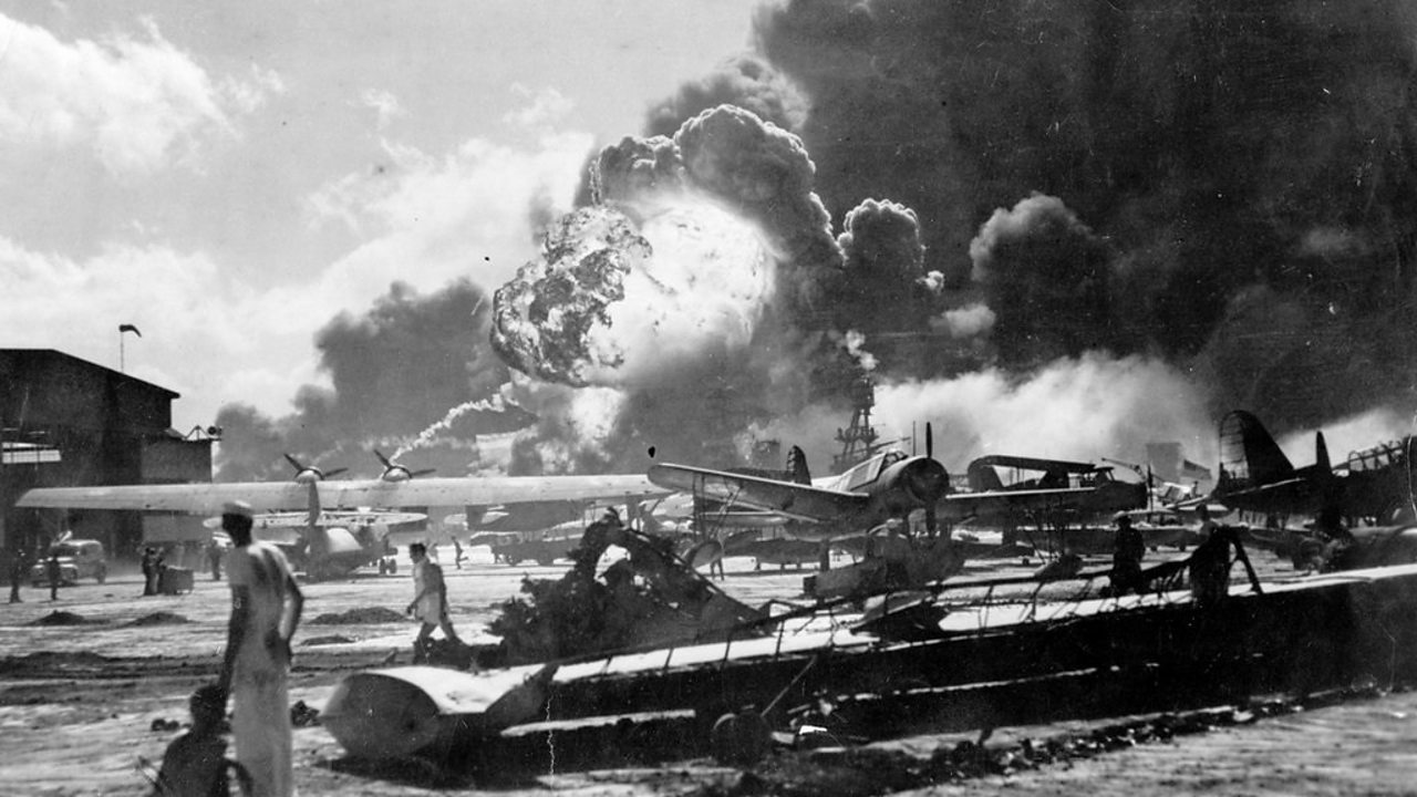 Aftermath of the attack on an air base near Pearl Harbour.