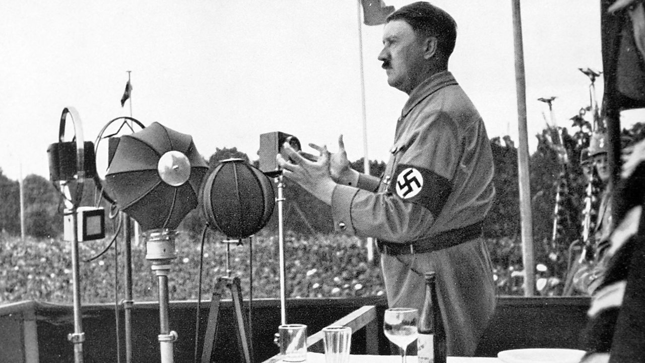 Adolf Hitler delivers a speech during the Party Congress at Nuremberg in 1935.