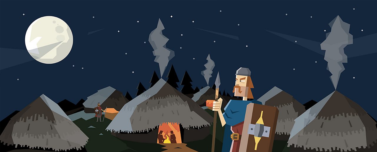 An animated image of a soldier guarding the Iron Age settlement.