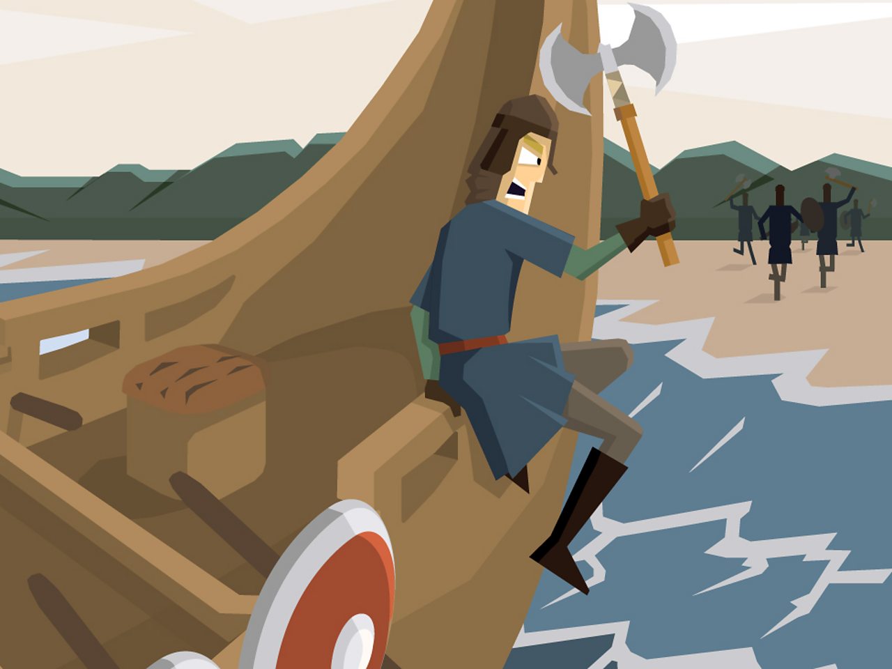 A Viking raider leaping over the side of a longship