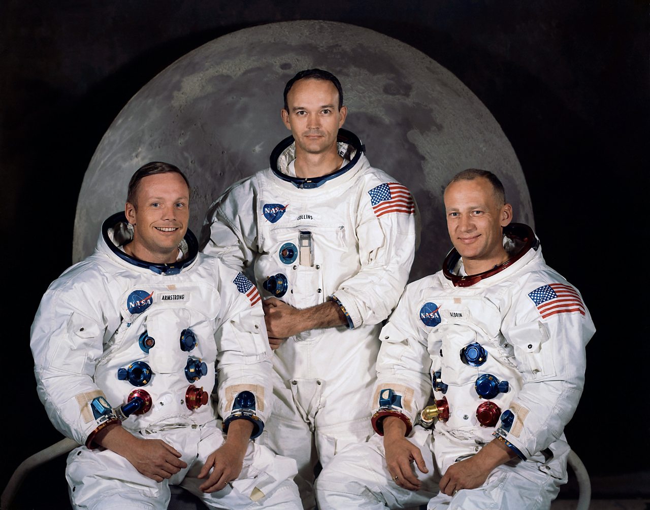 Introducing the Apollo 11 Crew: Left: Neil Armstrong (commander). Centre: Buzz Aldrin (lunar module pilot). Right: Michael Collins (command module pilot).