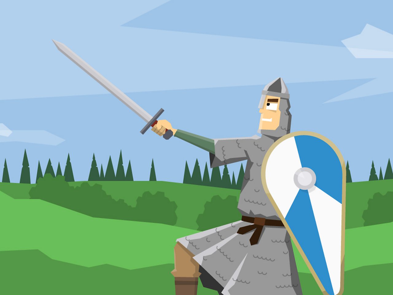 A Norman soldier wearing chain mail and carrying a sword and shield