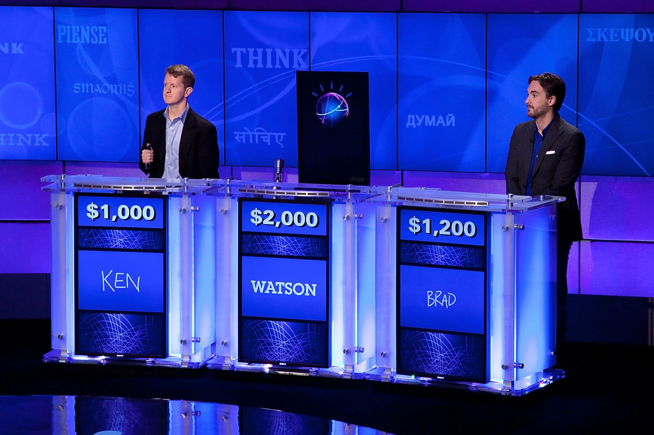 Watson, an AI developed by IBM, competes against humans on the US quiz show jeopardy.