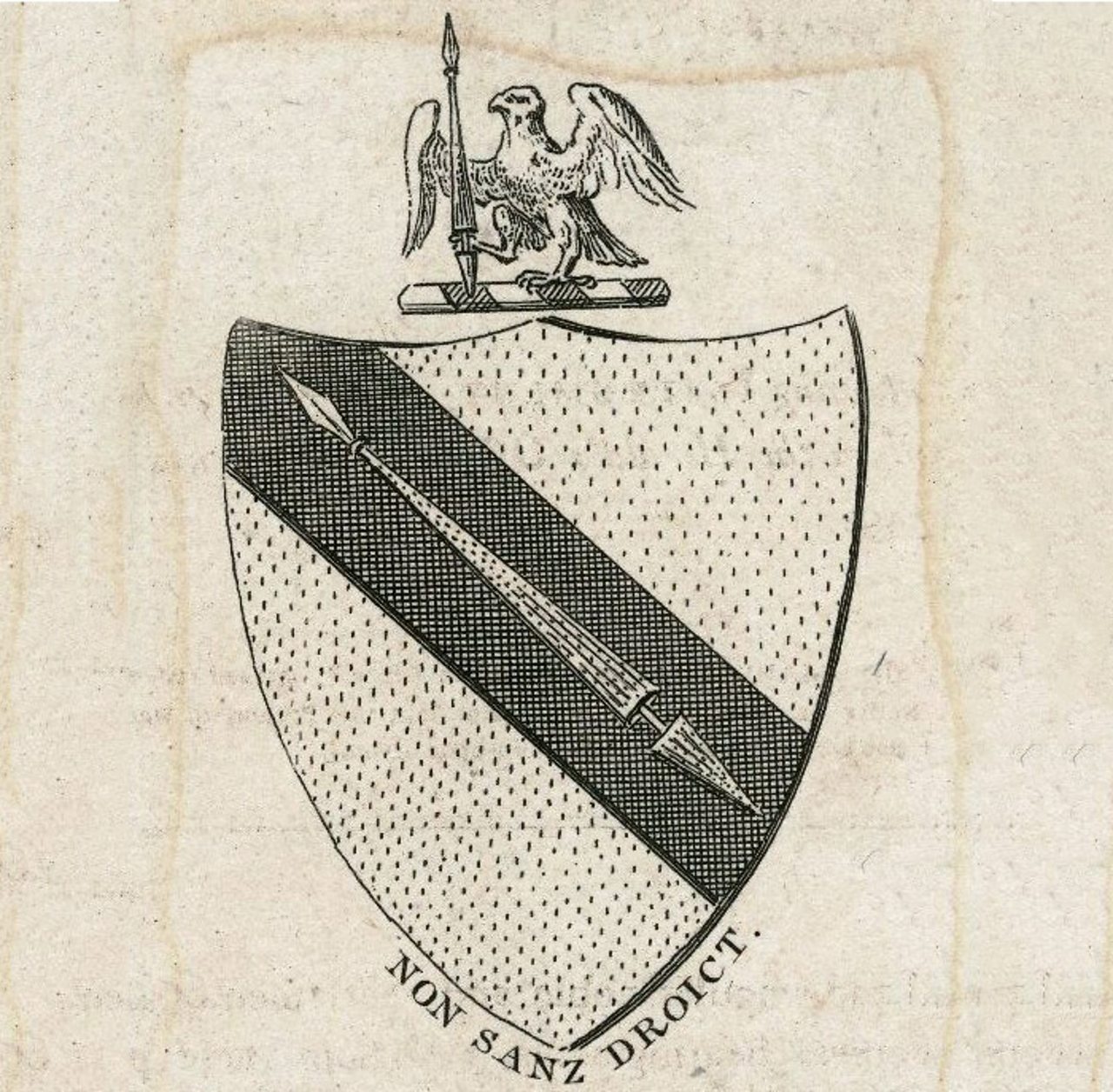 William Shakespeare's coat of arms, reproduced in 1787. The words 'Non sanz droict' are inscribed, it means 'Not without right'.
