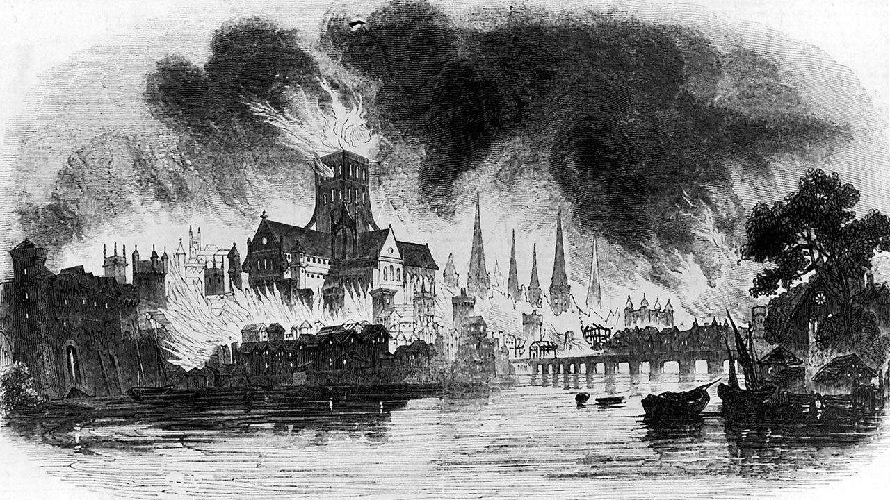 The original St Paul's Cathedral in flames, with the Tower of London in the background