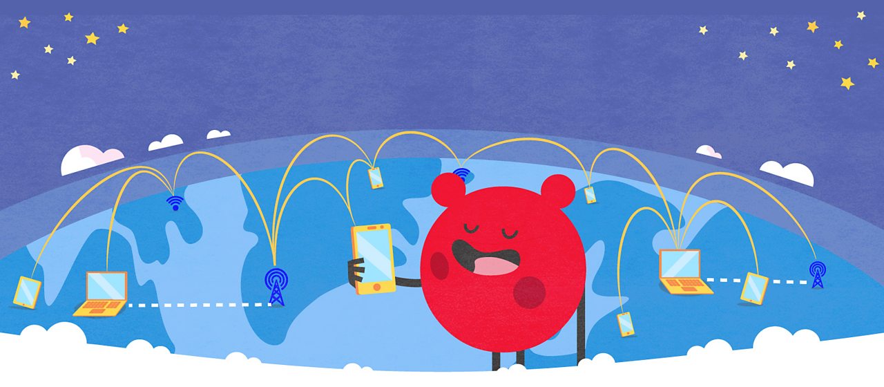 Cartoon character holding a phone which is connected to other communicative devices across the world