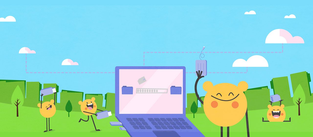characters standing around a computer