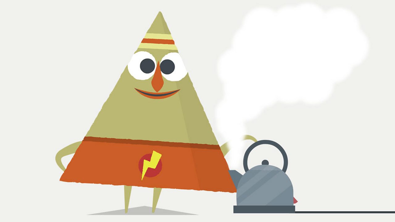 Triangle character standing with a steam coming from a kettle