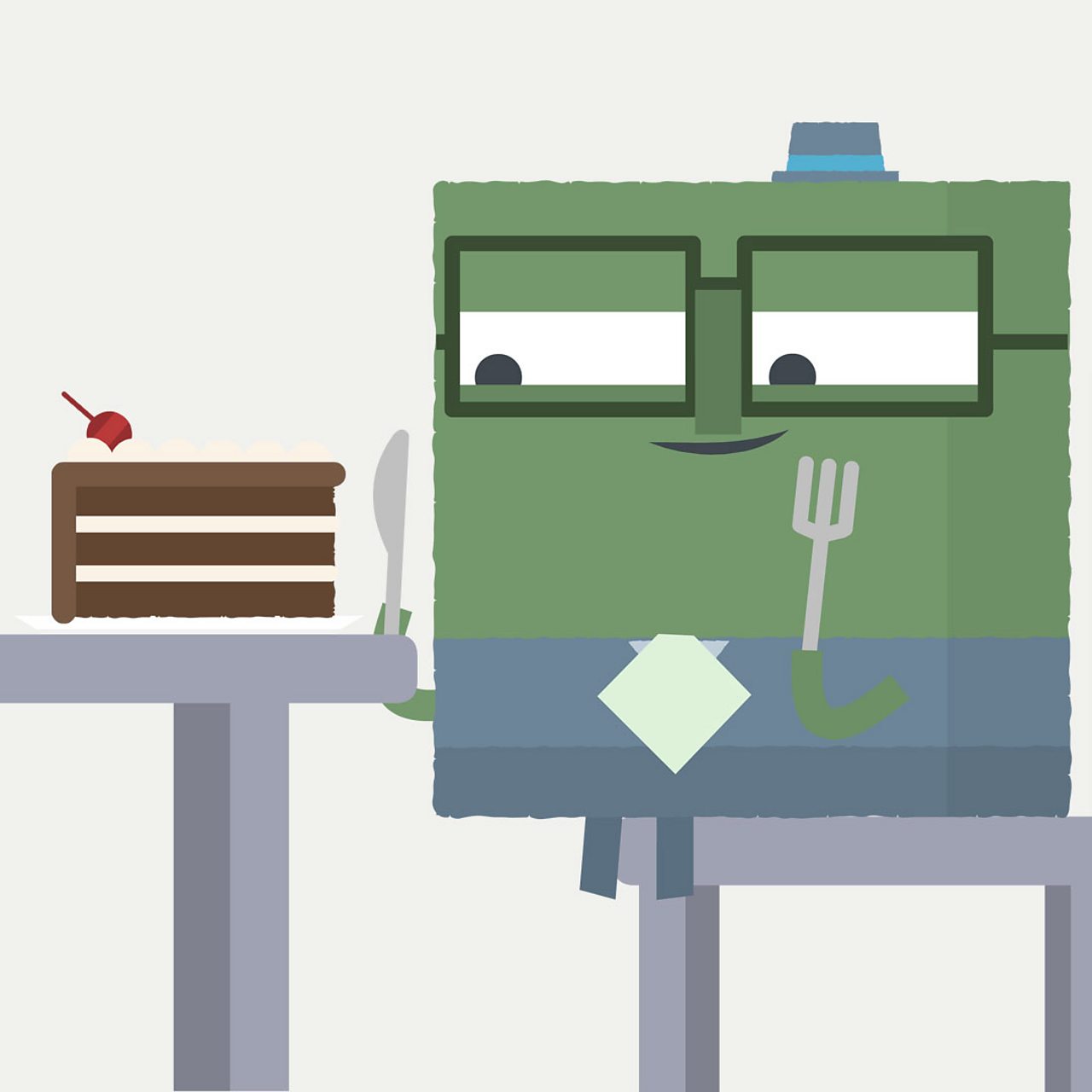 Square character eating a cake